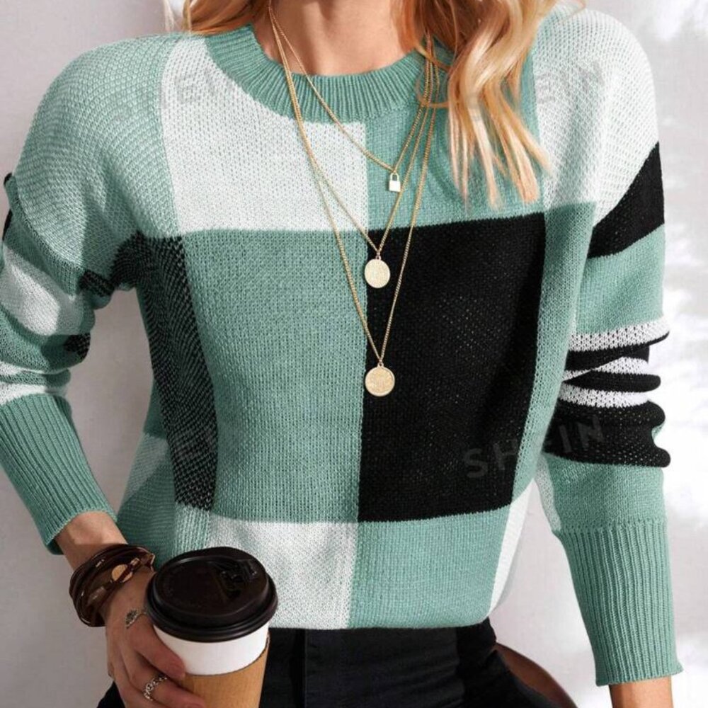 Color Block Green white and black SWEATER- Small